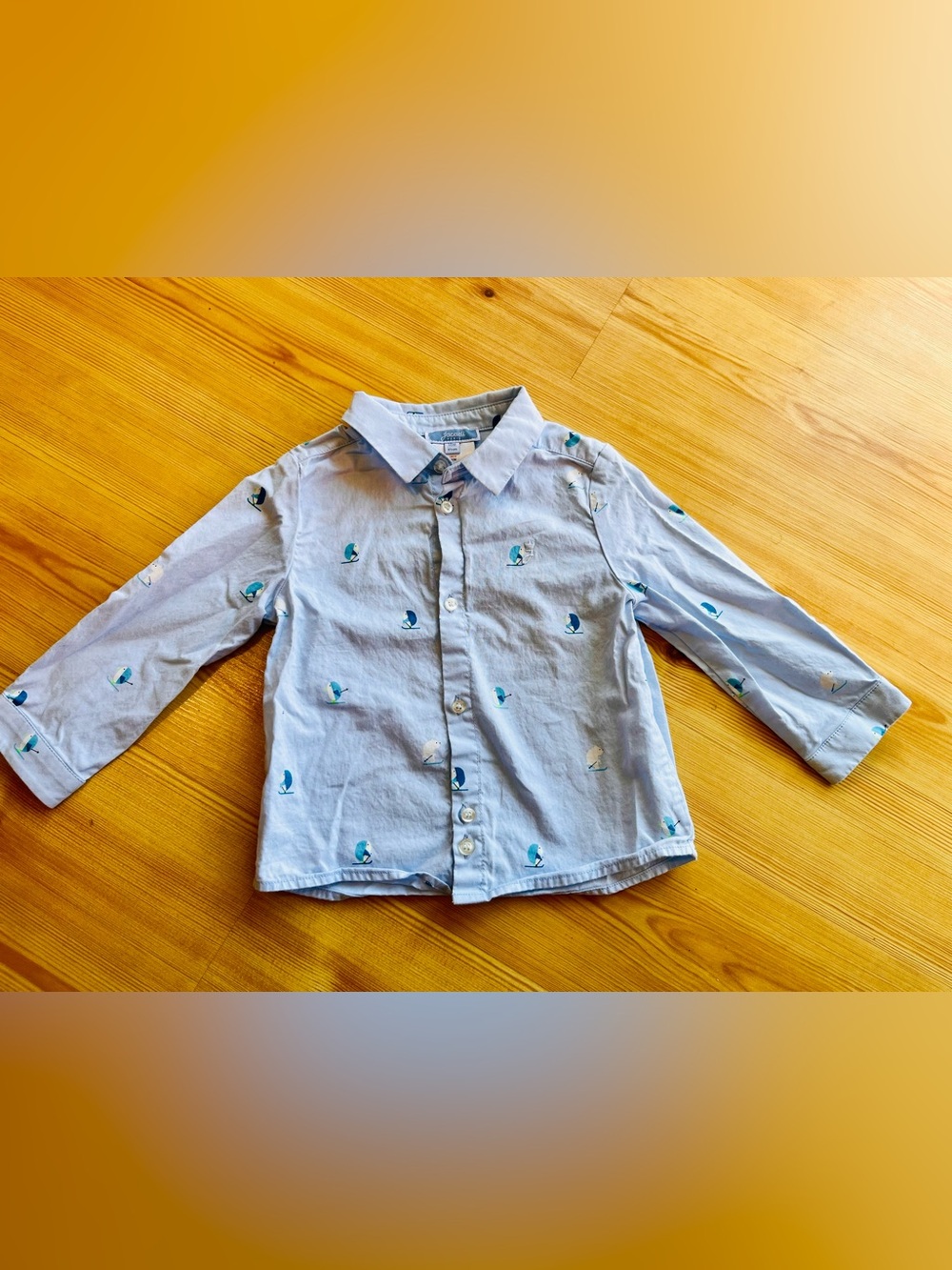 Jacadi Paris Light Blue Button-Down Shirt with Skiing Penguins